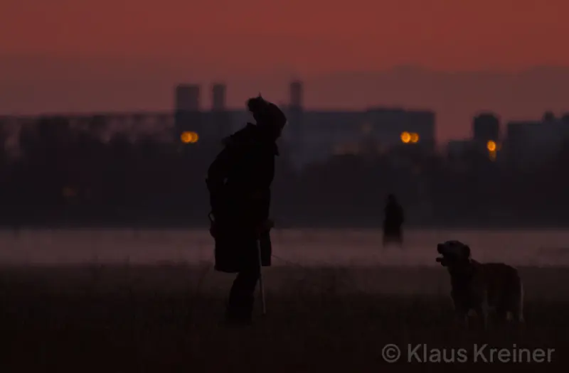Mitte November 2018 in Berlin: Im vernebelten Abendrot sehen wir Menschen und einen Hund auf dem Tempelhofer Feld.